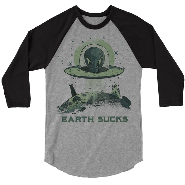 Men's Alien T-Shirt Earth Sucks Shirt Space 3/4 Sleeve Raglan Graphic Tee Aliens Celestial Shirts UFO Tshirt-Shirts By Sarah