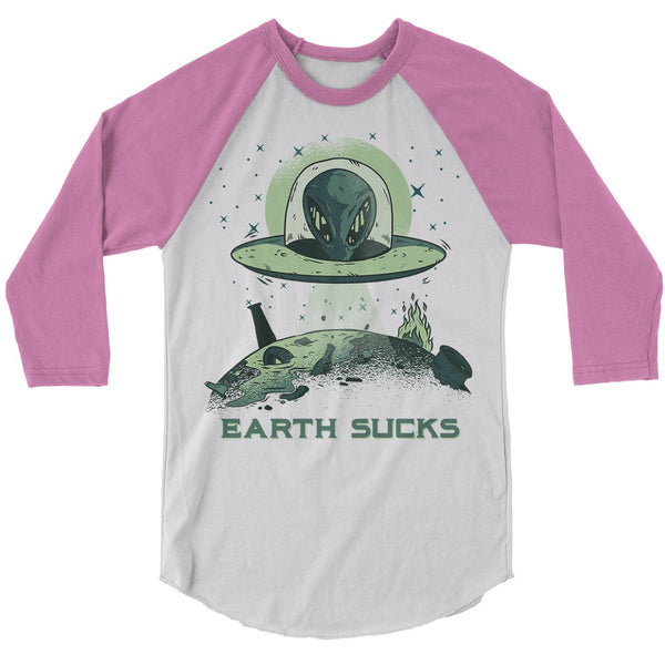 Men's Alien T-Shirt Earth Sucks Shirt Space 3/4 Sleeve Raglan Graphic Tee Aliens Celestial Shirts UFO Tshirt-Shirts By Sarah