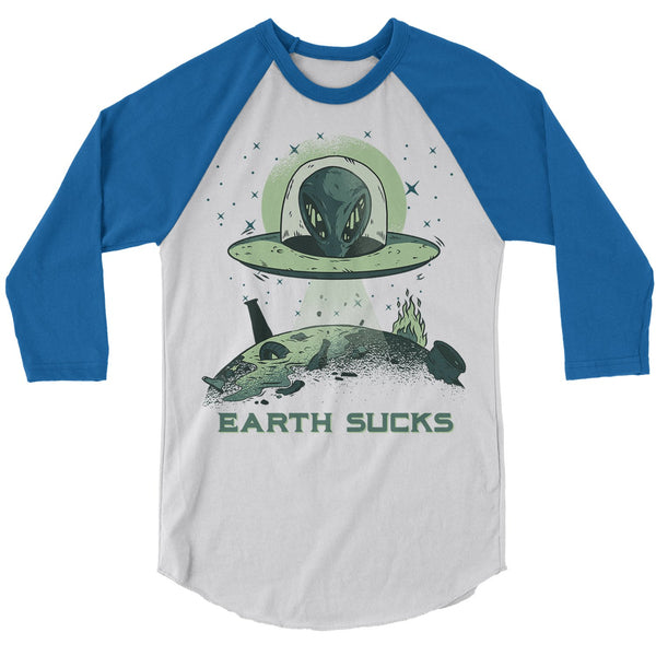 Men's Alien T-Shirt Earth Sucks Shirt Space 3/4 Sleeve Raglan Graphic Tee Aliens Celestial Shirts UFO Tshirt-Shirts By Sarah