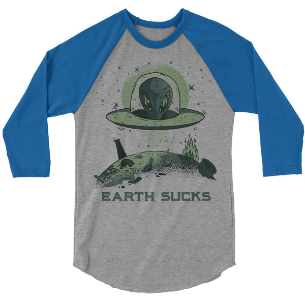 Men's Alien T-Shirt Earth Sucks Shirt Space 3/4 Sleeve Raglan Graphic Tee Aliens Celestial Shirts UFO Tshirt-Shirts By Sarah