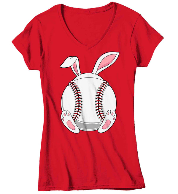 Women's V-Neck Funny Easter T Shirt Baseball Bunny Shirt Rabbit Ears Feet Baseball Coach Gym Teacher TShirt Gift Easter Tee Ladies Woman-Shirts By Sarah