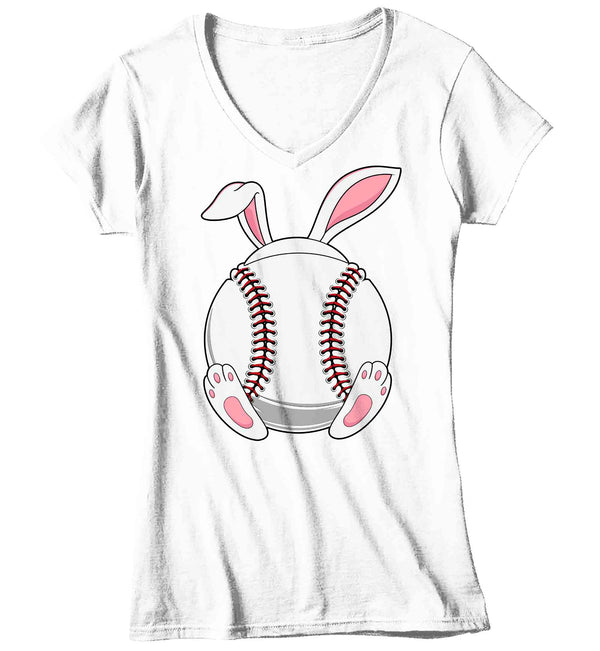 Women's V-Neck Funny Easter T Shirt Baseball Bunny Shirt Rabbit Ears Feet Baseball Coach Gym Teacher TShirt Gift Easter Tee Ladies Woman-Shirts By Sarah