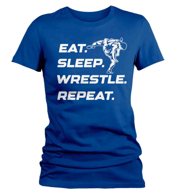 Women's Wrestling Shirt Eat Sleep Repeat T-Shirt Wrestler Wrestle Team Athlete Gift Novelty Funny Tshirt Graphic Tee Ladies-Shirts By Sarah