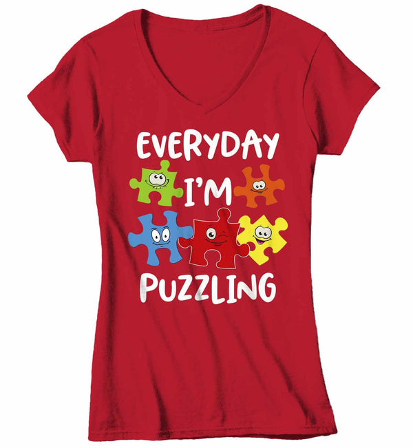 Women's V-Neck Funny Autism Shirt Everyday I'm Puzzling Shirt Autism Shirt Puzzle Shirt Funny Autism T Shirt-Shirts By Sarah