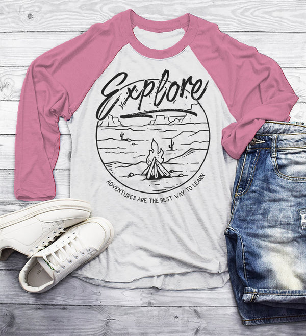 Men's Explore T Shirt Hipster Camping Shirts 3/4 Sleeve Raglan Adventure Learn Bonfire Tee Hipster Graphic-Shirts By Sarah