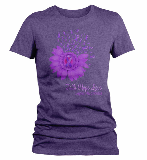 Women's Lupus Shirt Sunflower Shirt Lupus Flower Shirt Faith Hope Love Shirts Lupus Awareness Purple TShirt-Shirts By Sarah