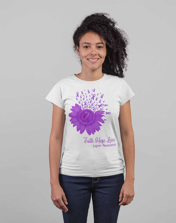 Women's Lupus Shirt Sunflower Shirt Lupus Flower Shirt Faith Hope Love Shirts Lupus Awareness Purple TShirt-Shirts By Sarah