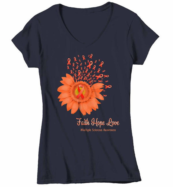 Women's V-Neck Multiple Sclerosis Shirt Sunflower Shirt MS Flower Shirt Faith Hope Love Shirts MS Awareness Orange TShirt-Shirts By Sarah