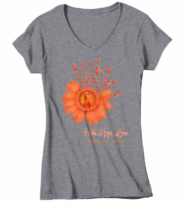 Women's V-Neck Multiple Sclerosis Shirt Sunflower Shirt MS Flower Shirt Faith Hope Love Shirts MS Awareness Orange TShirt-Shirts By Sarah