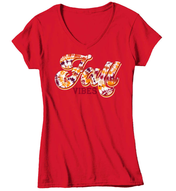 Women's V-Neck Fall Vibes T Shirt Retro Tie Dye Shirt Fall Shirt Vintage Fall Tee Boho Cute Fall Season Tee-Shirts By Sarah