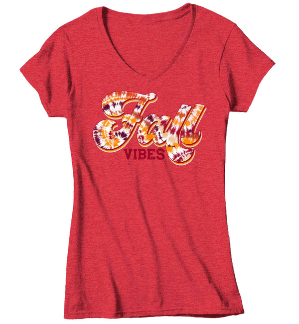 Women's V-Neck Fall Vibes T Shirt Retro Tie Dye Shirt Fall Shirt Vintage Fall Tee Boho Cute Fall Season Tee-Shirts By Sarah