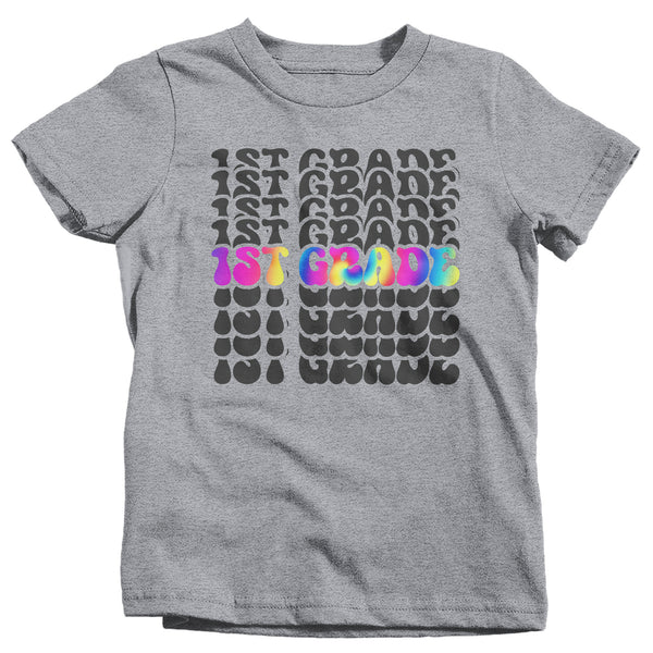 Kids Cute School T Shirt 1st Grade Shirts Stacked Font First Graphic Tee Tie Dye Pattern Back To School Tshirt Unisex Boys Girls-Shirts By Sarah