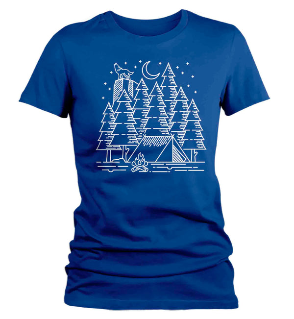 Women's Camping Shirt Forest Line Art T Shirt Hipster Camper Shirt Tshirt For Camp Forest Tent Hiking Ladies V-Neck Soft Cotton Or Blend Tee-Shirts By Sarah