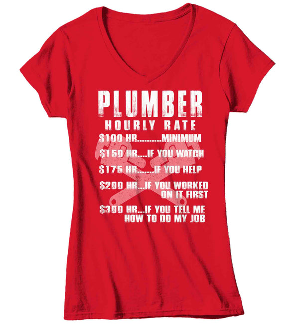 Women's V-Neck Funny Plumber Shirt Hourly Rate T shirt Plumber Gift Idea Plumbing Humor Joke Tee TShirt Ladies Woman-Shirts By Sarah