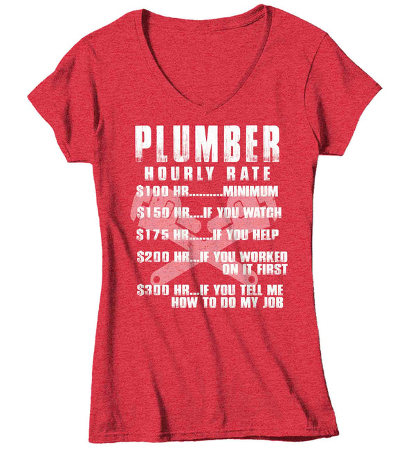 Women's V-Neck Funny Plumber Shirt Hourly Rate T shirt Plumber Gift Idea Plumbing Humor Joke Tee TShirt Ladies Woman-Shirts By Sarah