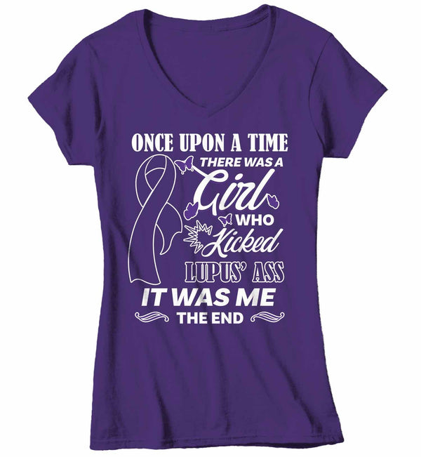 Women's V-Neck Lupus T Shirt This Girl Kicked Lupus Ass Shirt Funny Purple Ribbon T Shirt Inspirational Lupus Shirt-Shirts By Sarah