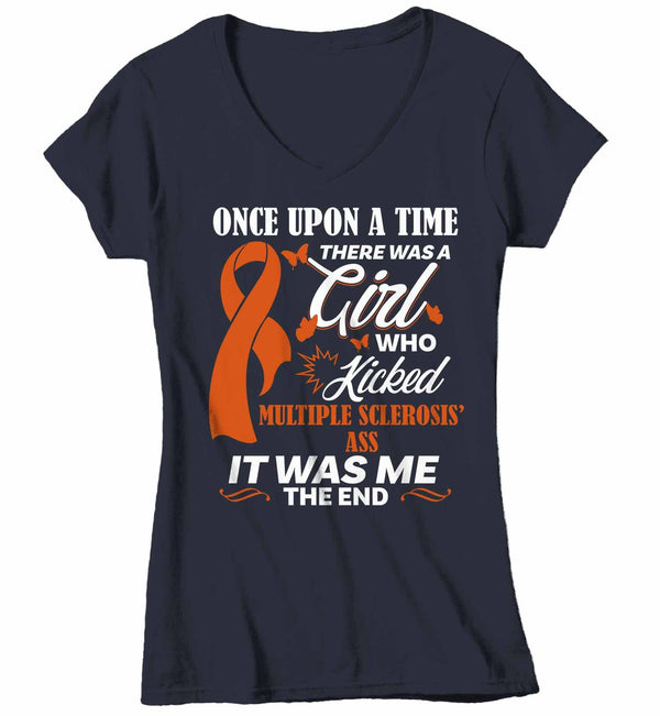 Women's V-Neck Multiple Sclerosis T Shirt This Girl Kicked MS Ass Shirt Funny Orange Ribbon T Shirt Inspirational MS Shirt-Shirts By Sarah