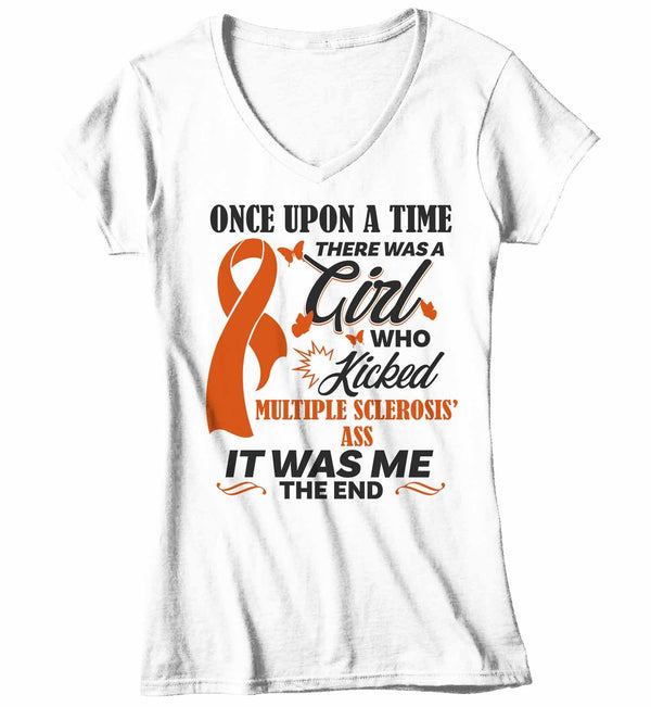 Women's V-Neck Multiple Sclerosis T Shirt This Girl Kicked MS Ass Shirt Funny Orange Ribbon T Shirt Inspirational MS Shirt-Shirts By Sarah