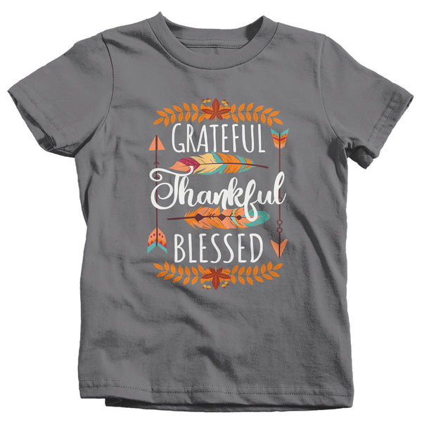 Kids Thankful T Shirt Thanksgiving Shirt Boho Shirt Feathers Grateful Thankful Blessed Fall Shirt Give Thanks Tee-Shirts By Sarah