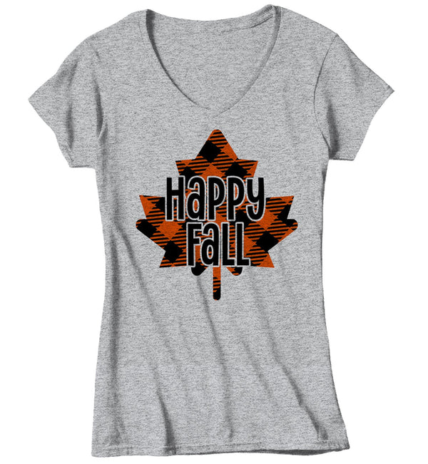 Women's Happy Fall T Shirt Buffalo Plaid Leaf Graphic Tee Season Fall Shirts Leaves Happy Fall TShirt-Shirts By Sarah