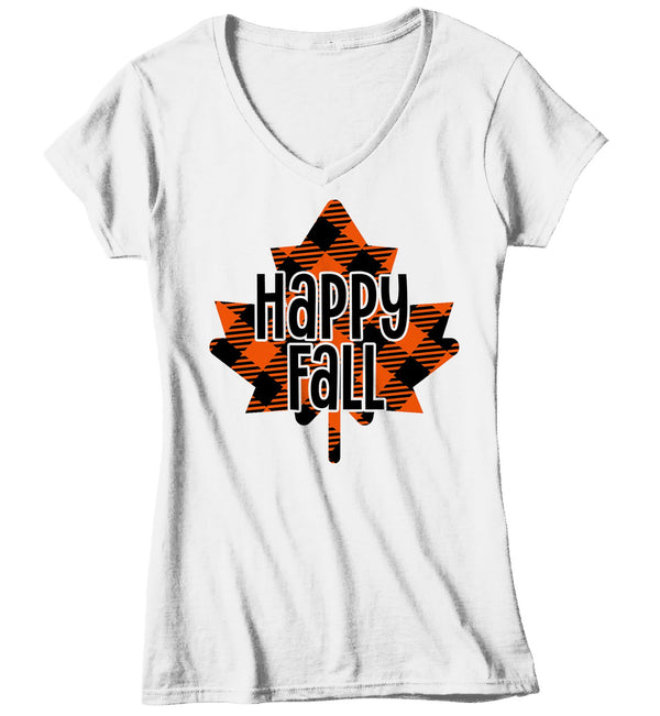 Women's Happy Fall T Shirt Buffalo Plaid Leaf Graphic Tee Season Fall Shirts Leaves Happy Fall TShirt-Shirts By Sarah