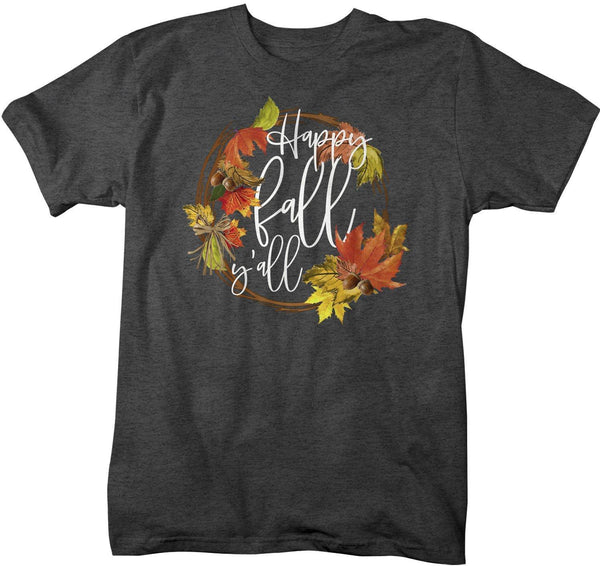 Men's Happy Fall Y'all T Shirt Leaf Wreath Graphic Tee Season Fall Shirts Leaves Happy Fall Yall TShirt Watercolor-Shirts By Sarah
