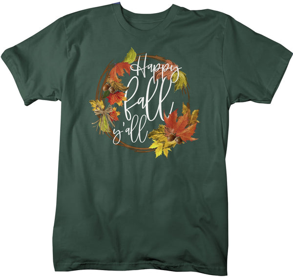 Men's Happy Fall Y'all T Shirt Leaf Wreath Graphic Tee Season Fall Shirts Leaves Happy Fall Yall TShirt Watercolor-Shirts By Sarah