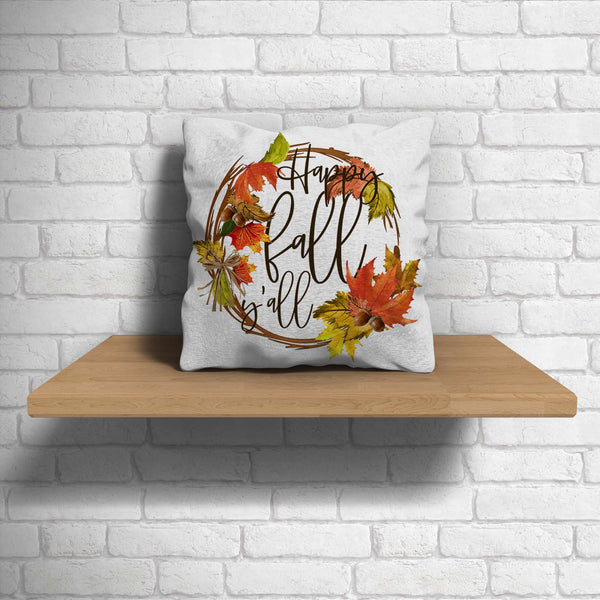 Happy Fall Y'all Pillow Cover Leaf Wreath Graphic Throw Pillow Case Season Fall Shirts Leaves Happy Fall Yall Watercolor Linen-Shirts By Sarah