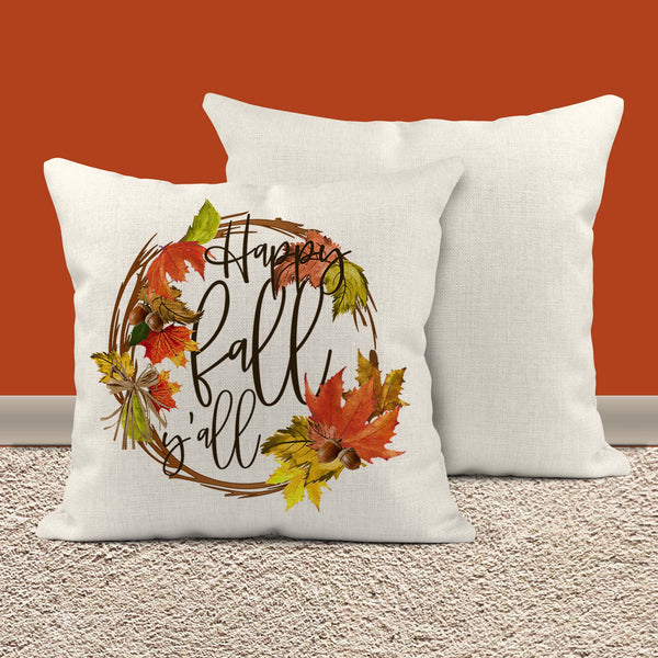 Happy Fall Y'all Pillow Cover Leaf Wreath Graphic Throw Pillow Case Season Fall Shirts Leaves Happy Fall Yall Watercolor Linen-Shirts By Sarah