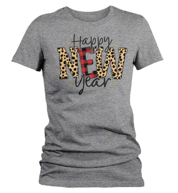 Women's New Year's Tee Happy New Year Shirt T Shirt Leopard Shirts Party New Year Eve Celebrate Grunge Plaid Ladies Graphic Tee-Shirts By Sarah