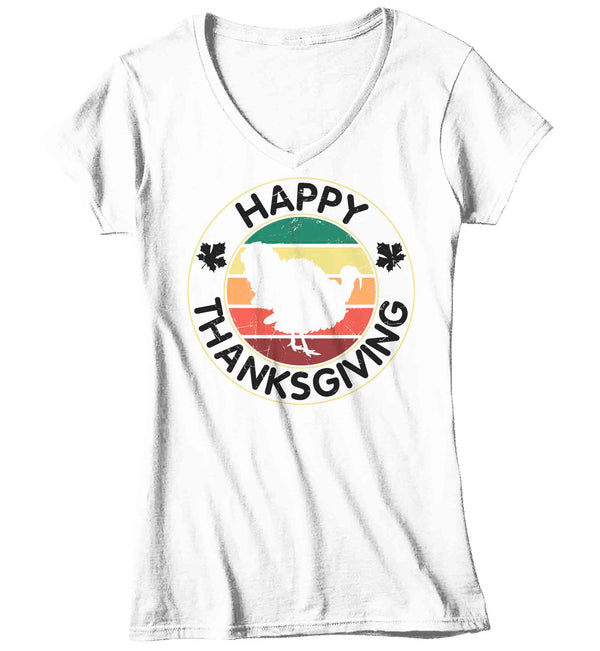 Women's V-Neck Happy Thanksgiving TShirt Turkey Shirts Vintage Sunset T Shirt Holiday Tee Ladies Soft Vintage Graphic T-Shirt-Shirts By Sarah