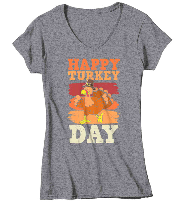 Women's V-Neck Happy Thanksgiving Day TShirt Turkey Day Shirts Vintage Sunset T Shirt Holiday Tee Ladies Soft Vintage Graphic T-Shirt-Shirts By Sarah