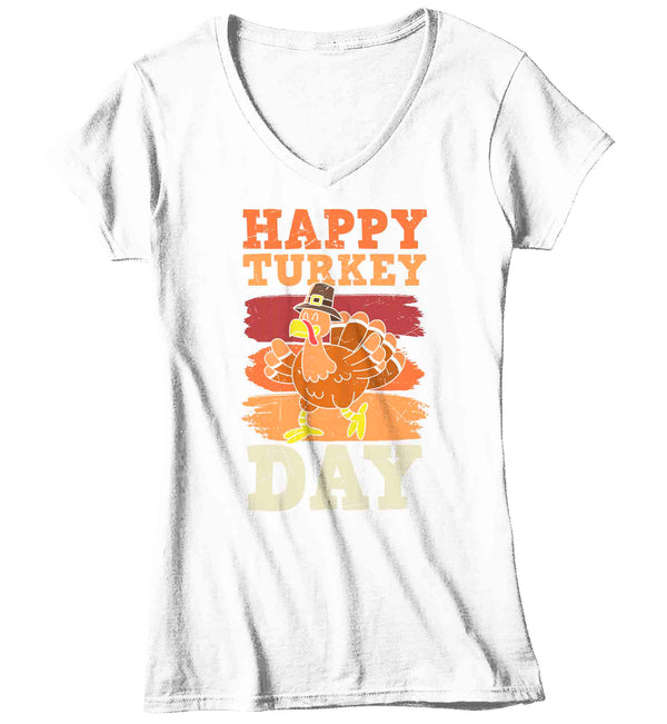 Women's V-Neck Happy Thanksgiving Day TShirt Turkey Day Shirts Vintage Sunset T Shirt Holiday Tee Ladies Soft Vintage Graphic T-Shirt-Shirts By Sarah
