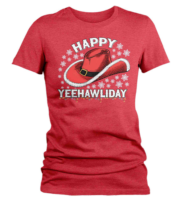 Women's Christmas Tree Shirt Cowboy Hat XMas Happy Yeehawliday Desert Cute Tee Western Country Holiday Funny Graphic Tshirt Ladies-Shirts By Sarah