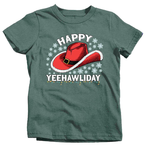 Kids Christmas Tree Shirt Cowboy Hat XMas Happy Yeehawliday Desert Cute Tee Western Country Holiday Funny Graphic Tshirt Unisex Youth-Shirts By Sarah