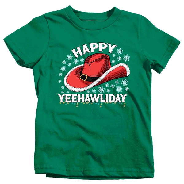 Kids Christmas Tree Shirt Cowboy Hat XMas Happy Yeehawliday Desert Cute Tee Western Country Holiday Funny Graphic Tshirt Unisex Youth-Shirts By Sarah