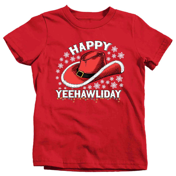 Kids Christmas Tree Shirt Cowboy Hat XMas Happy Yeehawliday Desert Cute Tee Western Country Holiday Funny Graphic Tshirt Unisex Youth-Shirts By Sarah