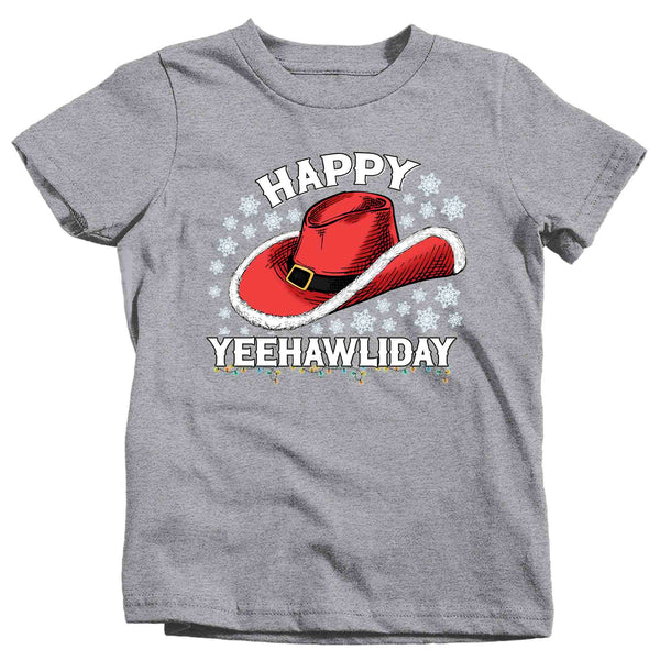 Kids Christmas Tree Shirt Cowboy Hat XMas Happy Yeehawliday Desert Cute Tee Western Country Holiday Funny Graphic Tshirt Unisex Youth-Shirts By Sarah