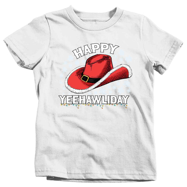 Kids Christmas Tree Shirt Cowboy Hat XMas Happy Yeehawliday Desert Cute Tee Western Country Holiday Funny Graphic Tshirt Unisex Youth-Shirts By Sarah