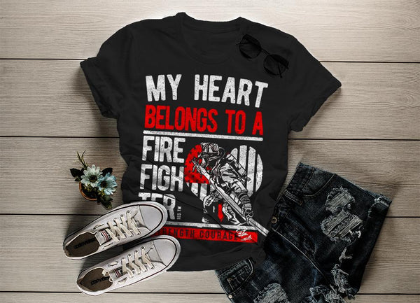 Shirts By Sarah Women's Fire Wife T-Shirt Heart Belongs To Firefighter-Shirts By Sarah