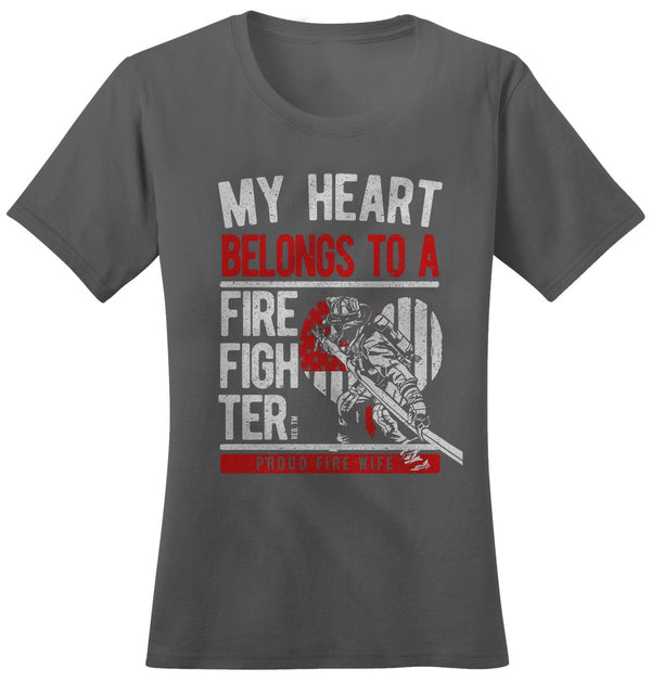 Shirts By Sarah Women's Fire Wife T-Shirt Heart Belongs To Firefighter-Shirts By Sarah