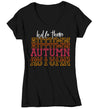 Women's V-Neck Hello Autumn T Shirt Thanksgiving Shirt Stacked Font Shirt Fall Athletic Sporty Tee Shirt