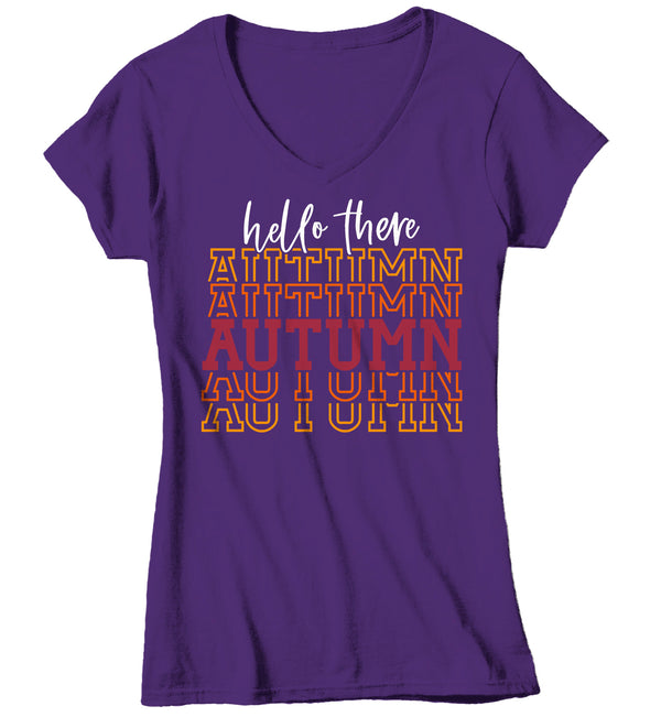 Women's V-Neck Hello Autumn T Shirt Thanksgiving Shirt Stacked Font Shirt Fall Athletic Sporty Tee Shirt-Shirts By Sarah