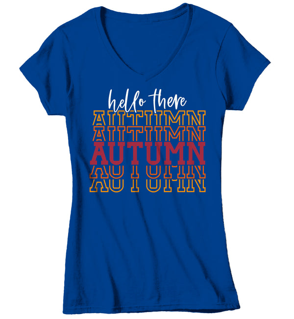 Women's V-Neck Hello Autumn T Shirt Thanksgiving Shirt Stacked Font Shirt Fall Athletic Sporty Tee Shirt-Shirts By Sarah