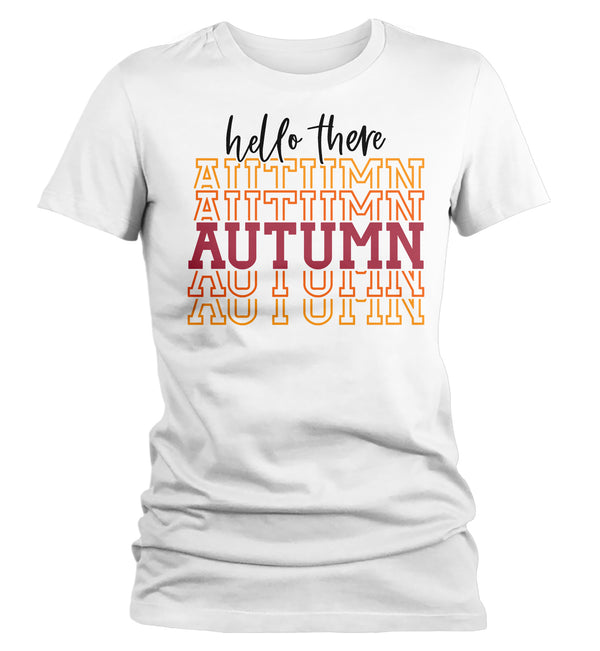 Women's Hello Autumn T Shirt Thanksgiving Shirt Stacked Font Shirt Fall Athletic Sporty Tee Shirt-Shirts By Sarah