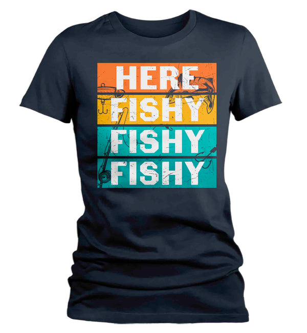 Women's Funny Fishing Shirt Here Fishy Fishy T Shirt Angler Joke Fisherman Rod Catch Fish Humor TShirt Gift Tee Ladies Woman-Shirts By Sarah