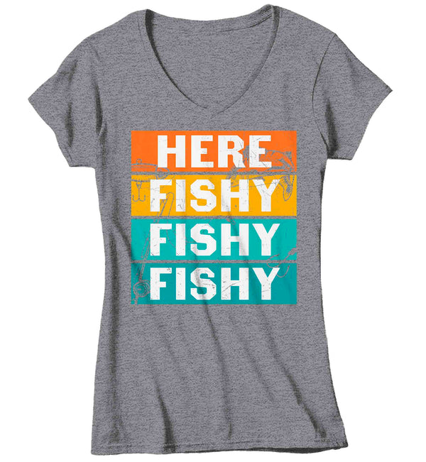 Women's V-Neck Funny Fishing Shirt Here Fishy Fishy T Shirt Angler Joke Fisherman Rod Catch Fish Humor TShirt Gift Tee Ladies Woman-Shirts By Sarah