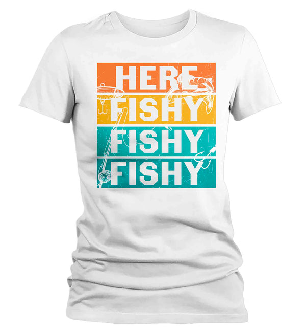 Women's Funny Fishing Shirt Here Fishy Fishy T Shirt Angler Joke Fisherman Rod Catch Fish Humor TShirt Gift Tee Ladies Woman-Shirts By Sarah