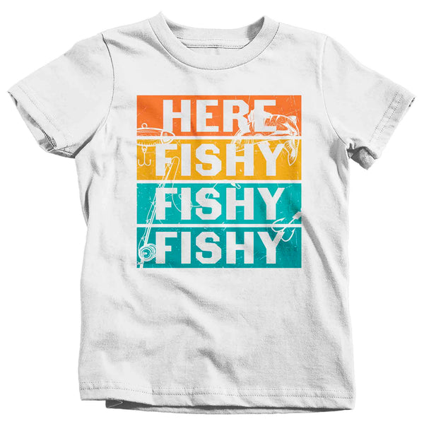 Kids Funny Fishing Shirt Here Fishy Fishy Fishy T Shirt Angler Joke Fisherman Rod Catch Fish Humor TShirt Gift Tee Boy's Girl's Unisex-Shirts By Sarah