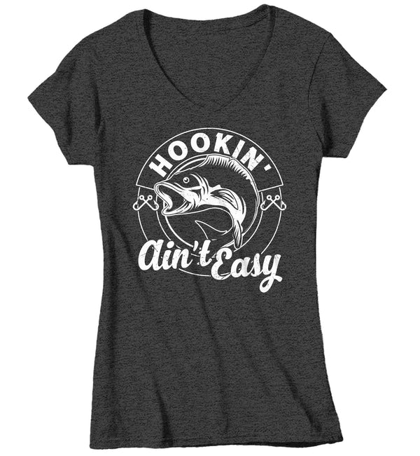 Women's V-Neck Funny Fishing Shirt Hooking Ain't Easy T Shirt Angler Joke Fisherman Rod Catch Fish Humor TShirt Gift Tee Ladies Woman-Shirts By Sarah